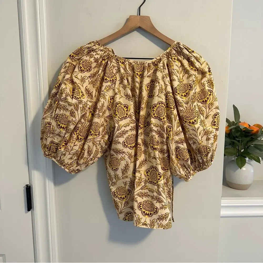 RHODE Cream Yellow Floral Puff Sleeve Blouse Medium